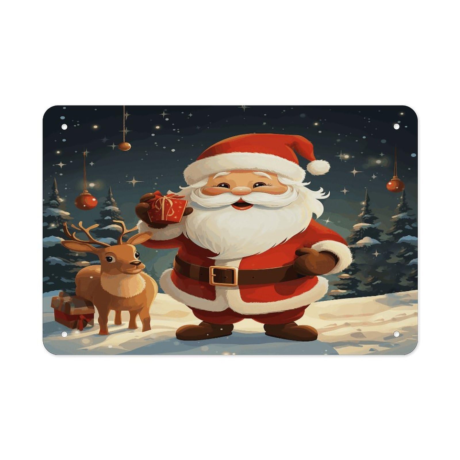 Christmas Santa Claus Metal Tin Sign 12"x8" Wall Art Prints Poster Decorative Picture Metal Signboard Decor Painting Folded Edge Iron Sheet Painting with Holes for Wall Decor