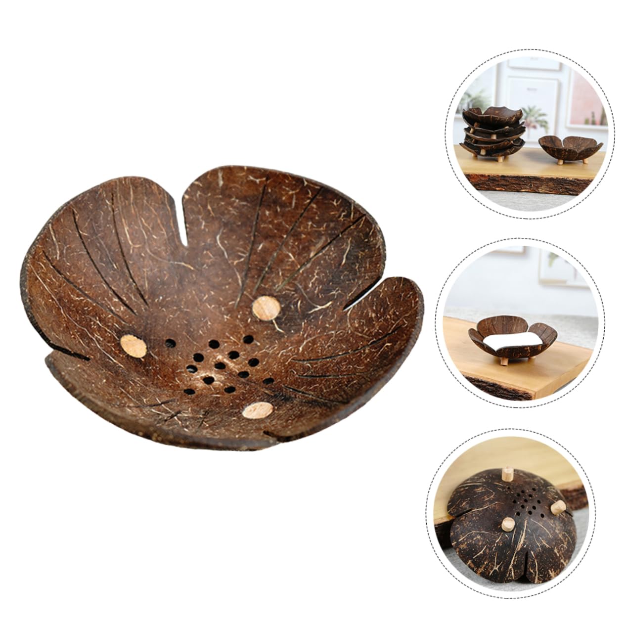 5 Stück Blumenförmige Seifenschale aus Holz und Kokosnussschale mit Ablauf Haushalts Seifenhalter für Bad Dusche und Küche Trocken Haltende Seifendose ohne Bohren Langlebig und