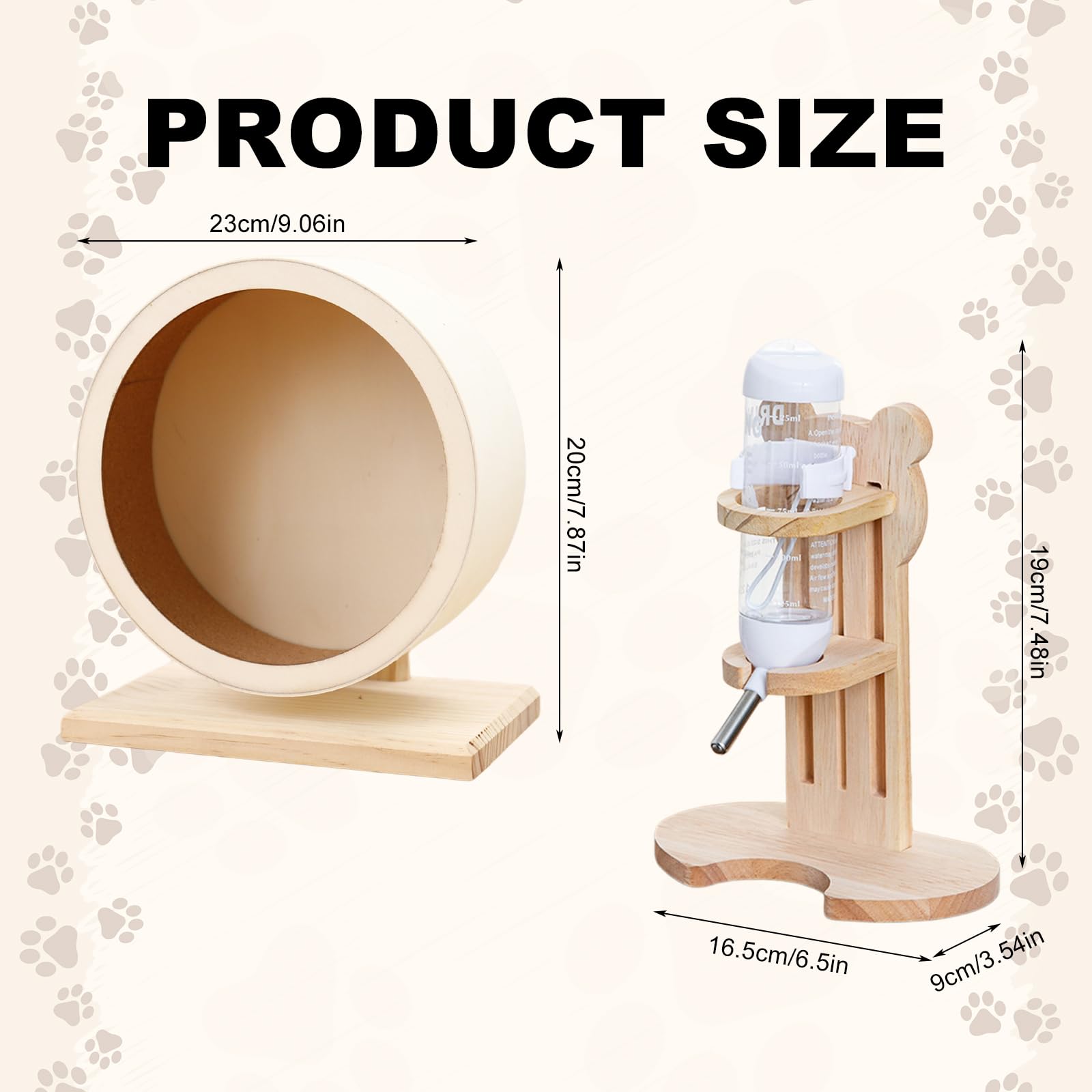 Juego de 2 botellas de madera para hámster con soporte, 20 cm, rueda de hámster de madera, botellas de agua de 125 ml, rueda silenciosa con rodamiento de bolas para animales pequeños, hámsters