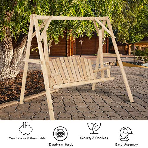 Image of Tangkula A-Frame Wood Log Swing Bench, Outdoor Rustic Curved Back Swing Chair for Patio Garden Yard