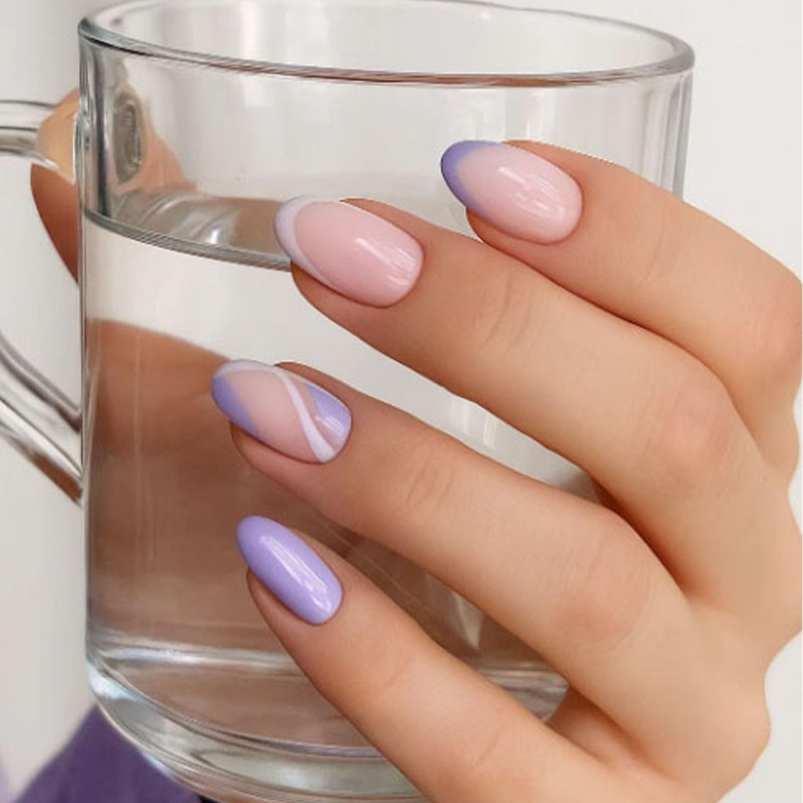 24PCS Pink Purple Press On Nails, French Tip Ombre False Nails - Image 3