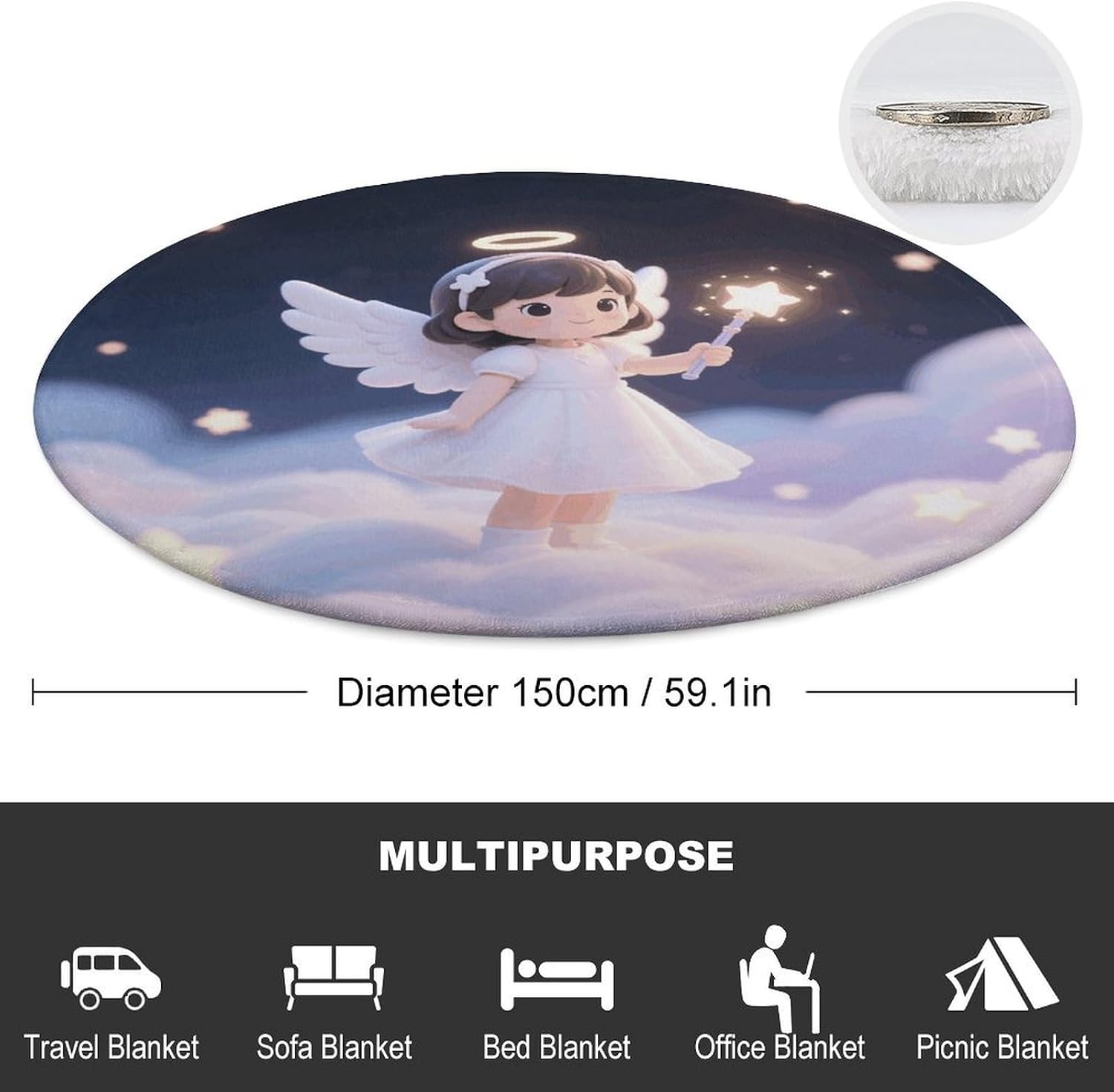 Angelic Little Girl Throw Blanket Round Beach Towel | 59.1 Inch Circular Flannel blanket Large Soft Beach Blanket Lightweight Foldable Beach Towel Throw for Daily Leisure Use