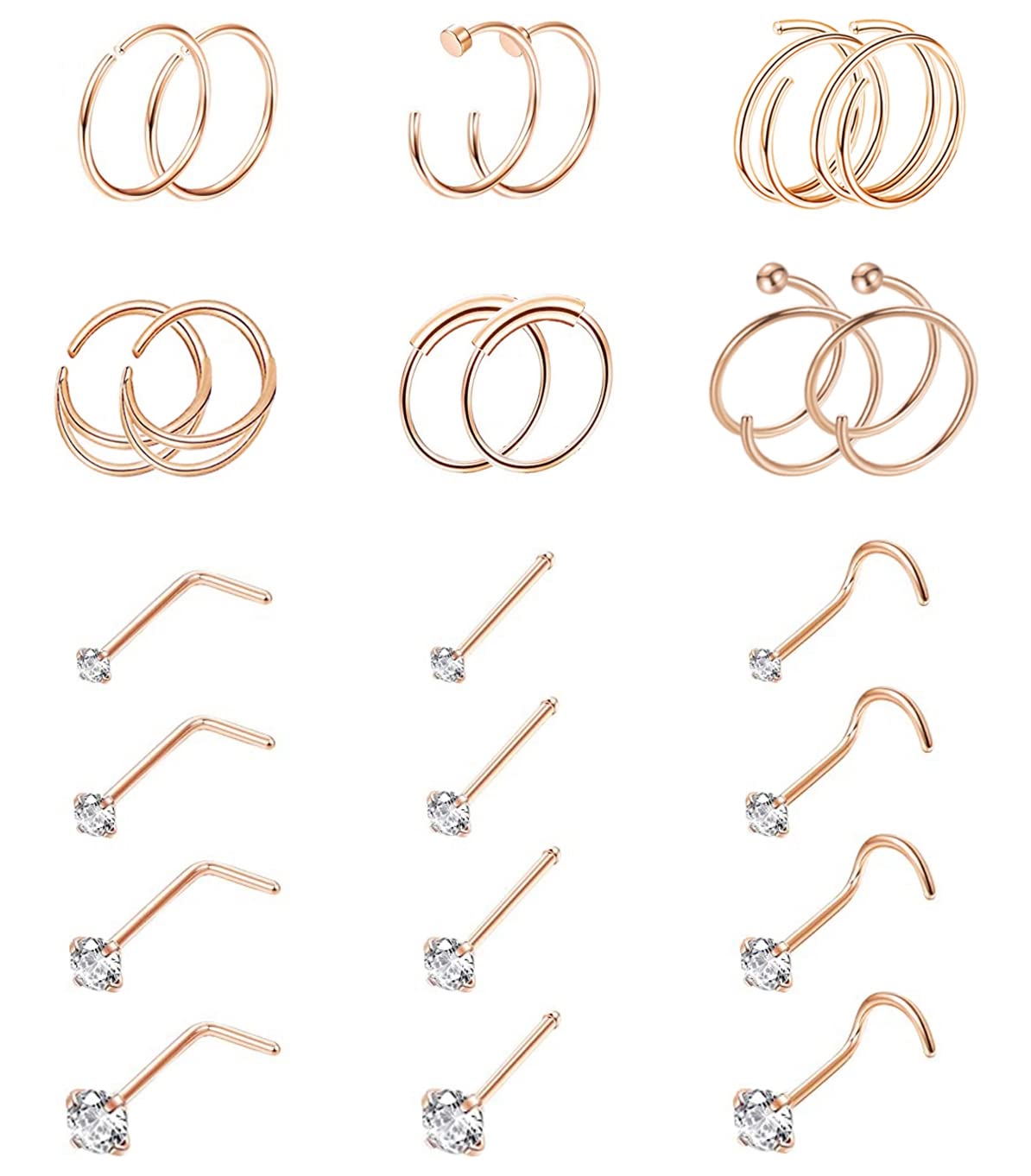 Vegolita 24PCS 22G 316L Stainless Steel Nose Rings Hoop for Women Men Nose Studs CZ Cartilage Helix Tragus Piercing Jewelry