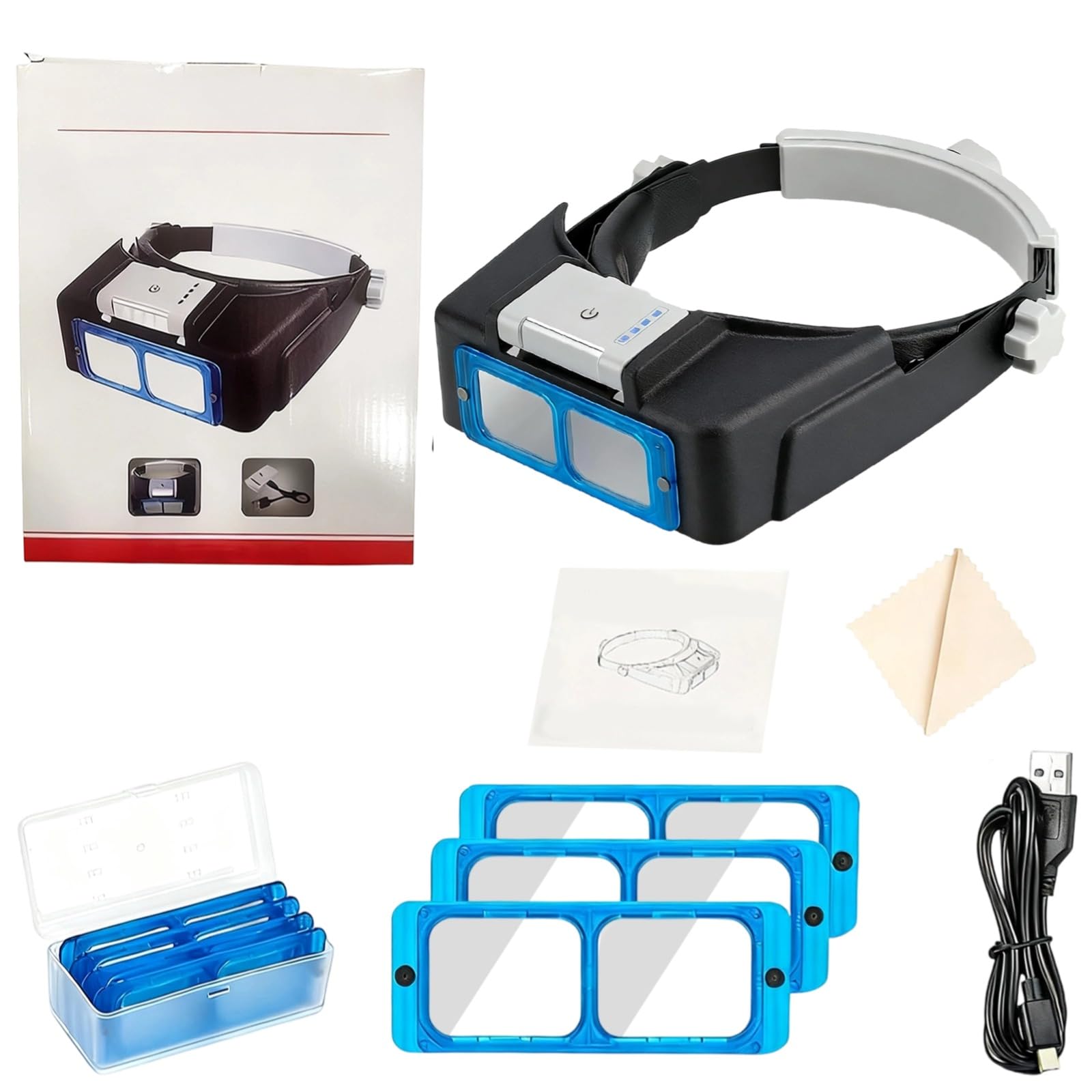 Lupe mit Stirnband und Licht, wiederaufladbare Kopfbandlupe mit 4 LEDs, Linsen 1,5X 2X 2,5X 3,5X, 24,5 x 20 x 5,2 cm, freihändige Kopflupe zum Lesen, Reparieren und für Feinarbeiten