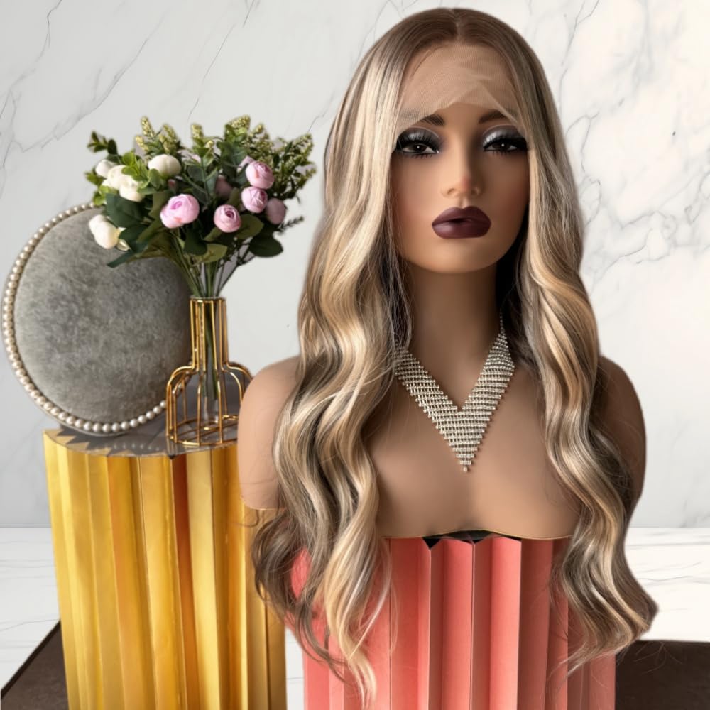 Body Wave Ombre Highlight Blonde Lace Front Wigs with Baby Hair Pre plucked #26/613 Blonde Balayage Long Wavy Synthetic Wigs for Black Women Heat Resistant Fiber Soft as Human Hair