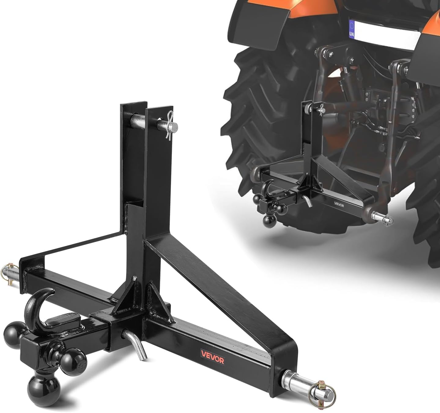 VEVOR 3 Point Trailer Hitch with 2 in Receiver, 3pt Quick Hitch Attachment, Heavy Duty Tractor Tow Drawbar Adapter, Compatible with Kubota, Mahindra, Ford, Yanmar, John Deere, Massey Ferguson