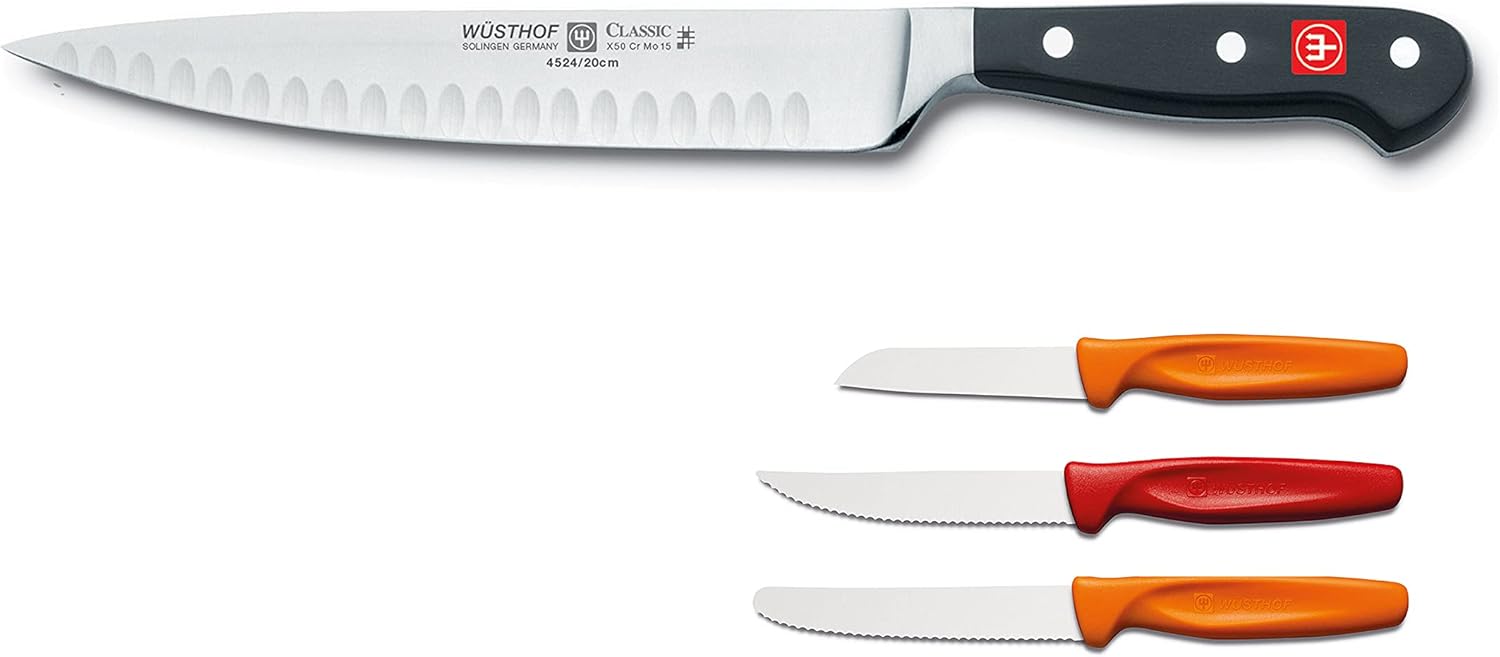 Wüsthof Classic Hollow Edge Carving Knife, 8-Inch, with Bonus Paring Knives, Black, (8854)