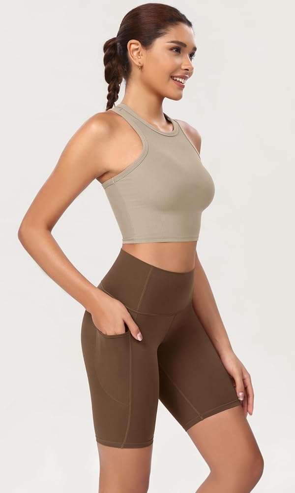 ODODOS Women's High Waist Lounge Yoga Shorts with Pockets, 8" Buttery Soft Biker Shorts, Brunette, X-Small by ODODOS - Used condition - Image 3