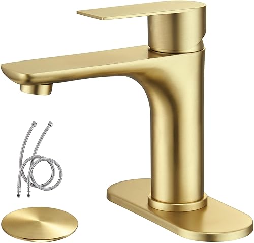 TONNY Grifo de baño dorado cepillado, grifo dorado de una sola manija para fregadero de baño, grifo de lavabo de tocador de baño, 1 agujero con