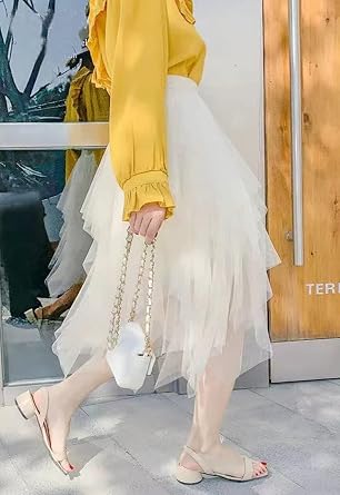 LBKKC Tulle Skirts for Women, Puffy Skirt Asymmetrical Midi Length Ruffled Tutu Layered Mesh Fairy Skirt