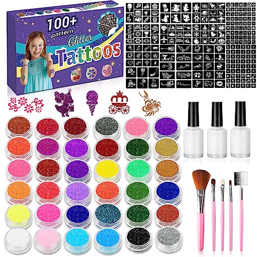 Glitzer Tattoo Set Für Kinder - 10 Hautfreundliche Tattoo Stifte & 6 Schablonen - Temporär & Wasserfest