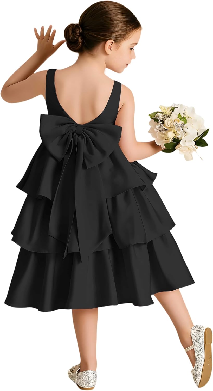 Tiered Flower Girl Dress for Wedding with Bow First Communion Dress for Girls Princess Pageant Dresses,JR011