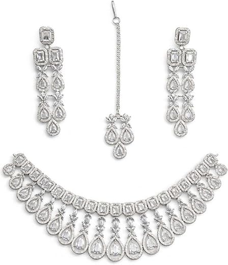 The House of Jewellery Bridal Pink Stone Jewelry Set for Women | Choker Necklace Set with Earrings &amp; Maang Tikka | Wedding...
