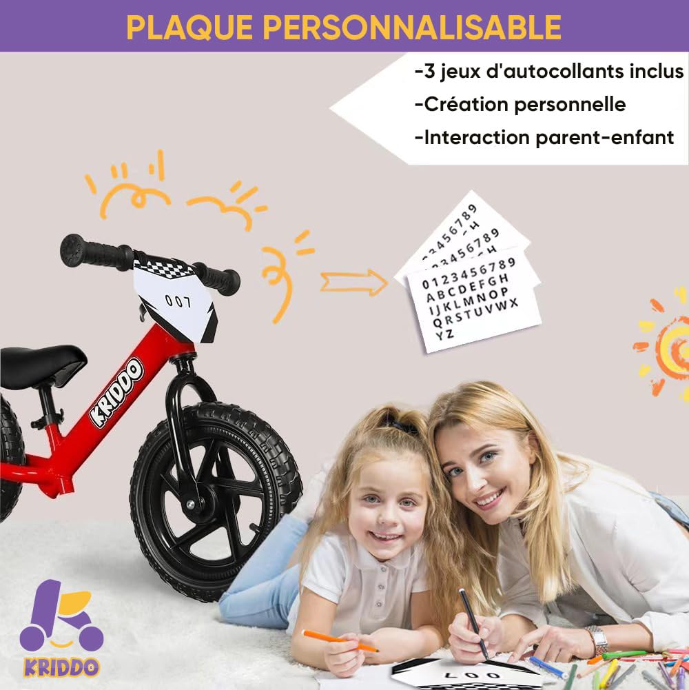 KRIDDO Draisienne 2 Ans, Vélo Bébé sans Pédales 12 Pouces avec Plaque Individuelle