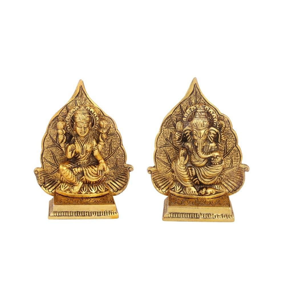 Lakshmi Ganesh Pair with Leaf Background Antique Gold Plated in Metal by Handicrafts Paradise