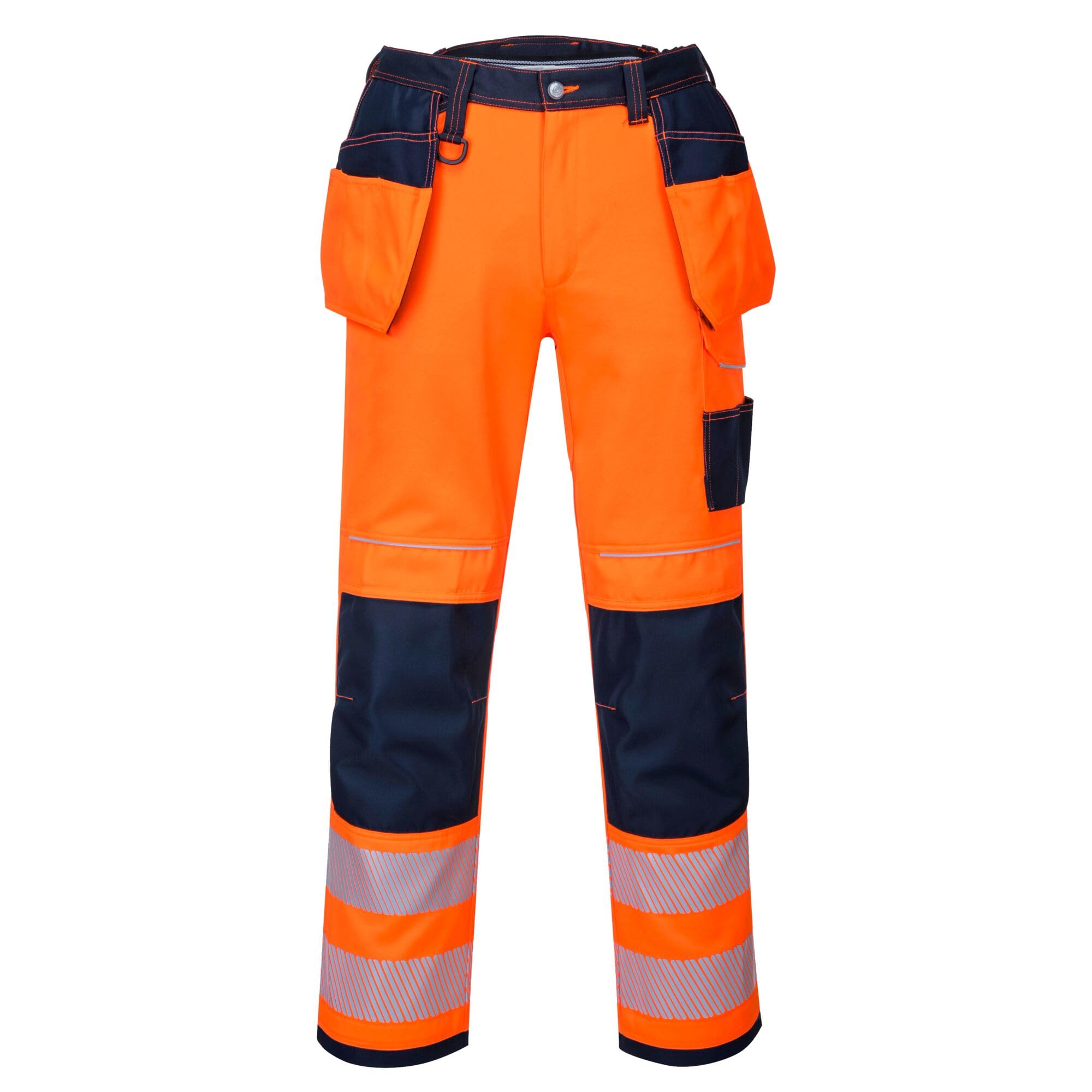 Portwest PW3 T501 Mens Hi Vis Work Trousers Holster Pocket Polycotton Reflective Triple Stitched Kneepad Pocket Cargo Workwear Construction Builders Tradesman Heavy Duty, Regular, Orange/Navy, 33