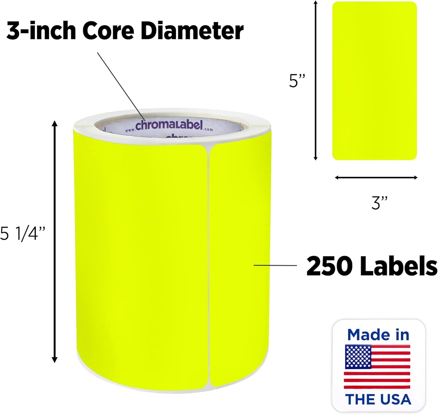ChromaLabel 3 x 5 inch Permanent Color Code Rectangle Labels, 250 Stickers per Roll, Fluorescent Yellow