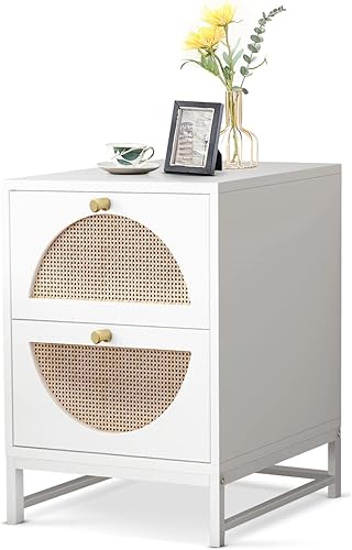 AWQM Rattan Nightstand, End Side Table with 2 Rattan Drawers, Wood Square Bedside Table with Storage, Accent Sofa Table for Home Office Living Room