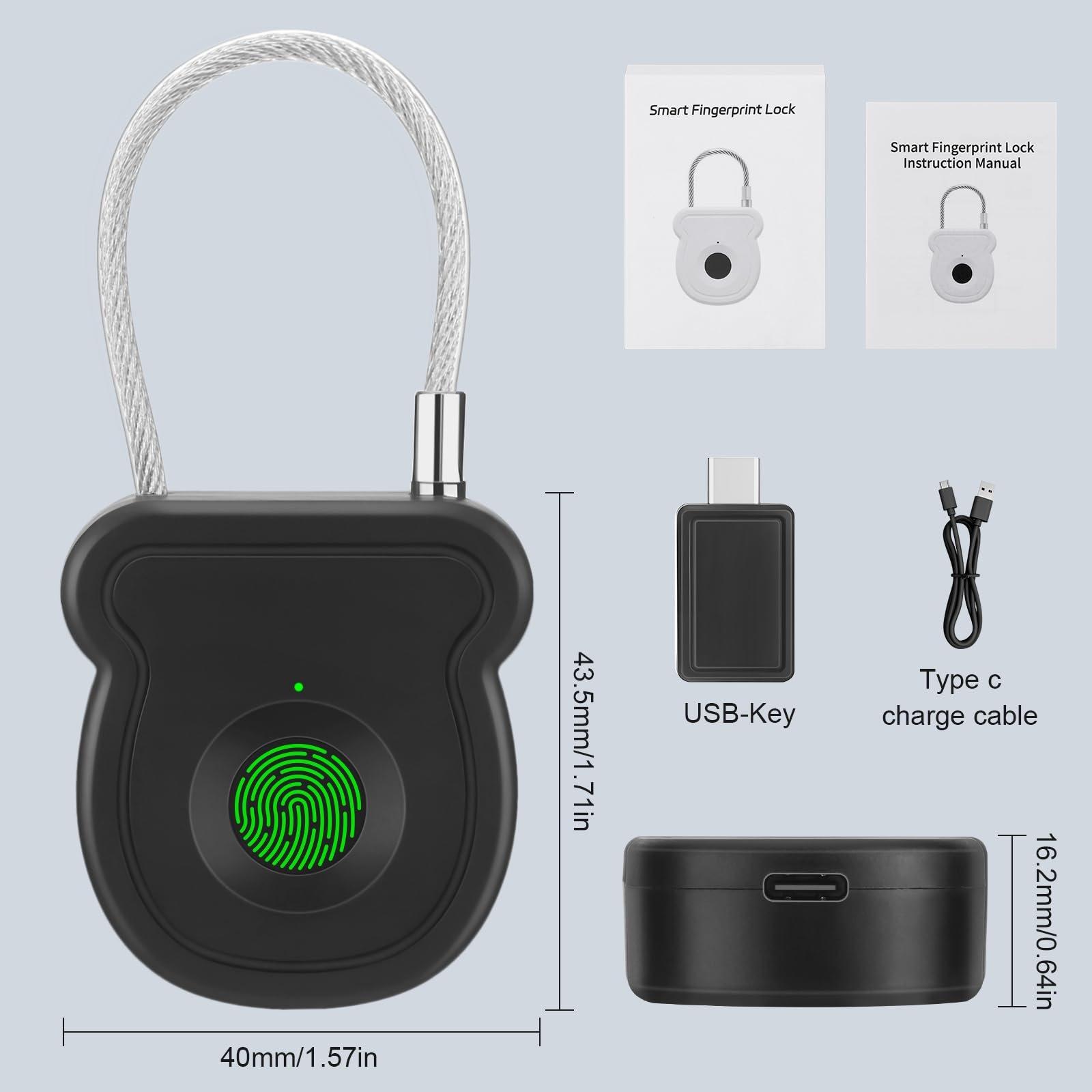 BlumWay Cadenas à empreintes digitales, verrouillage intelligent sans clé, déverrouillage 0,5 s, 20 empreintes digitales, clé USB, code de déverrouillage d'urgence, avertissement de faible puissance