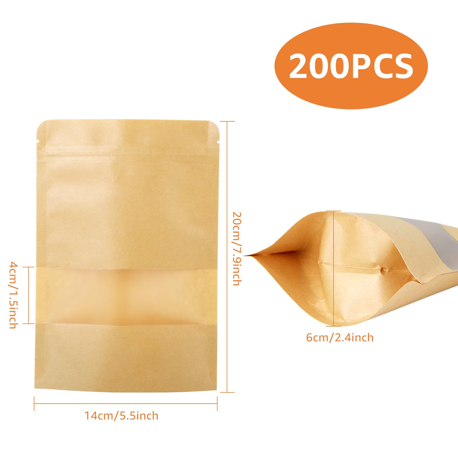 Lot de 200 sacs en papier kraft avec fenêtre - 14 x 20 x 4 cm - Sacs refermables - Étanche - Fermeture éclair - Convient pour fruits secs, graines de thé, noix, grains de café - Marron