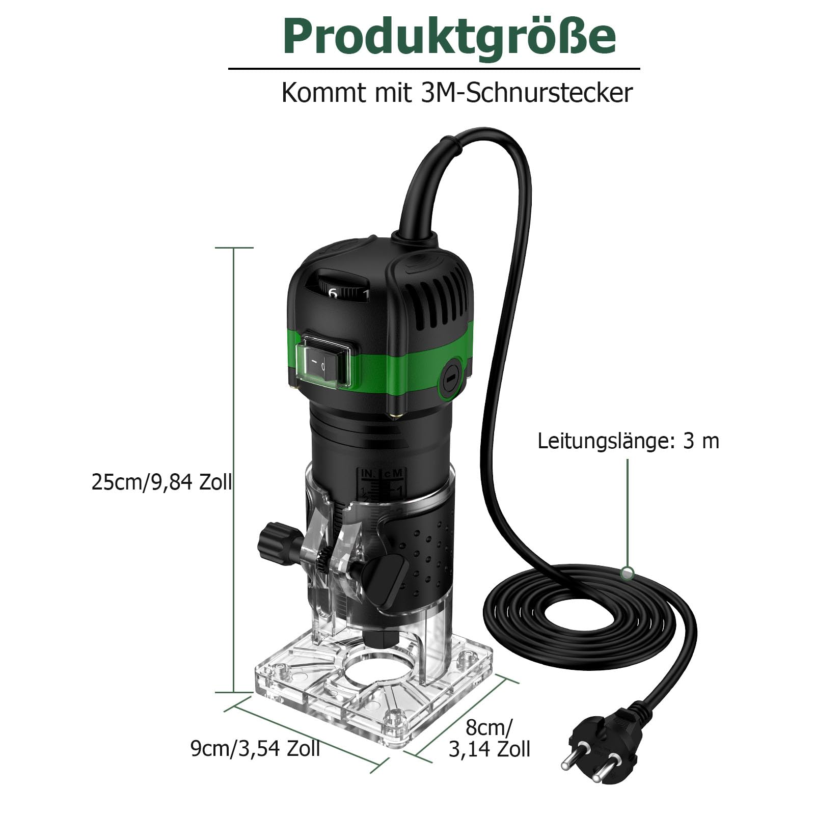 JiGiU Oberfräse 800W Elektrische Holzfräse 6,35mm Durchmesser Kantenfräse Hand Holz Einhandfräse 28000 U/min Variable Geschwindigkeite für Holzbearbeitung (Schwarz & Grün)