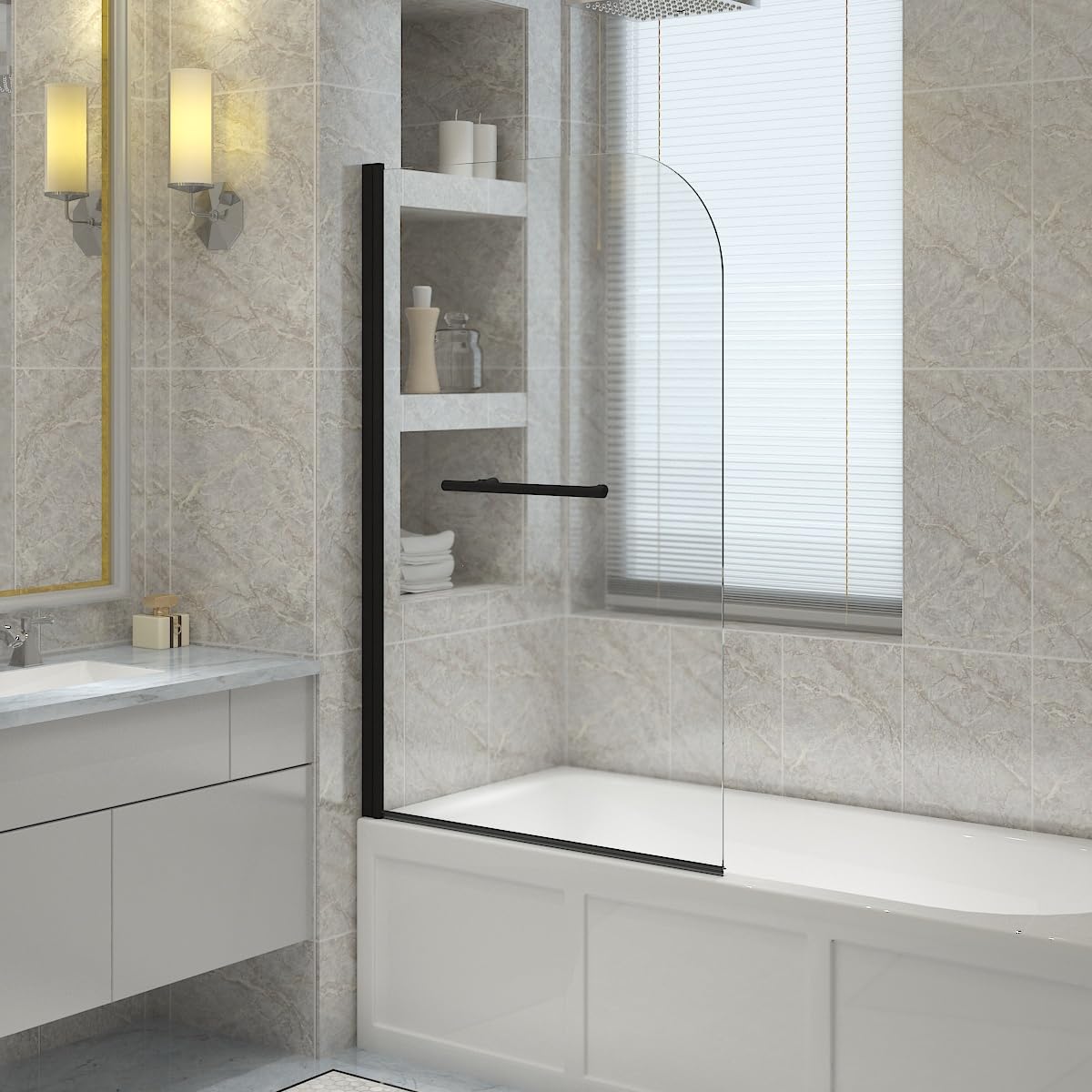 NRG 800 x 1400mm Round Bath Screen with Towel Rail 6mm Glass Black Framed Bathroom Over Bath Screens