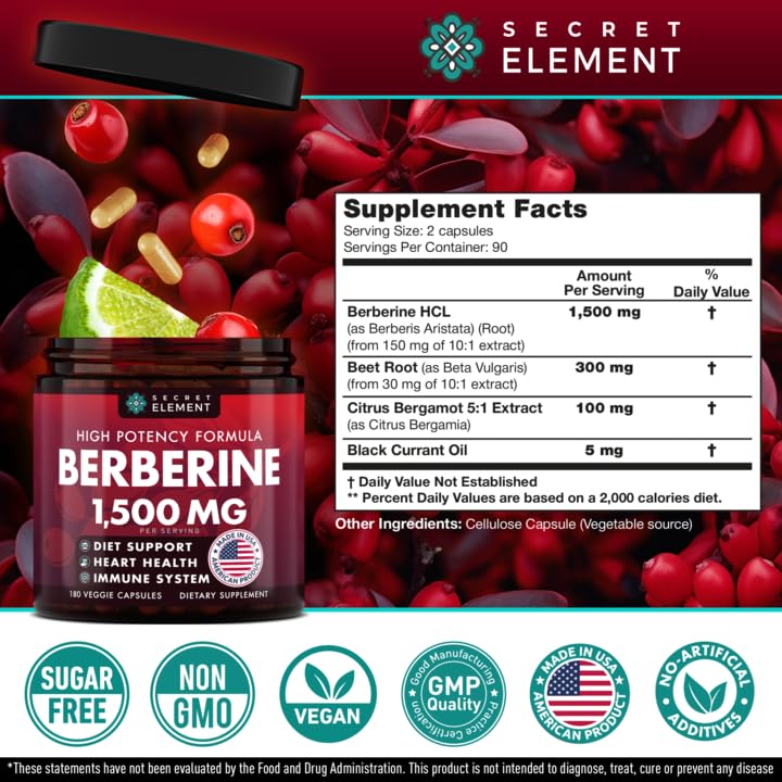 Berberine HCL Supplement 1500 mg, High Potency Vegan Capsules with Beet Root, Citrus Bergamot & Black Currant, Non-GMO, 180 Capsules