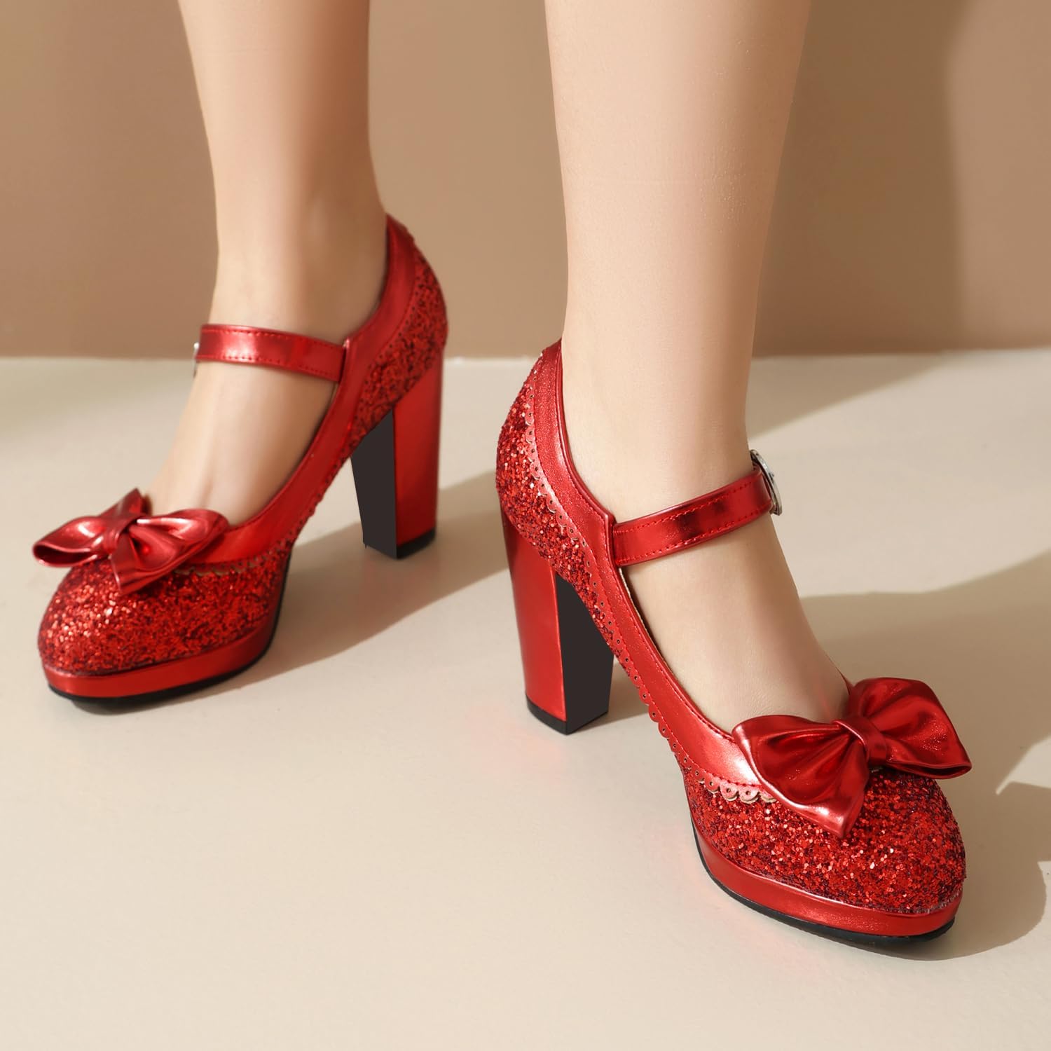 SEIFIN Women's Sequins Glitter Mary Jane Shoes Shine Sparkly Vintage Chunky High Block Heel Women Pumps with Bow and Ankle Strap Rockabilly Cosplay Kawaii Marriage Mary Jane Dress Pumps