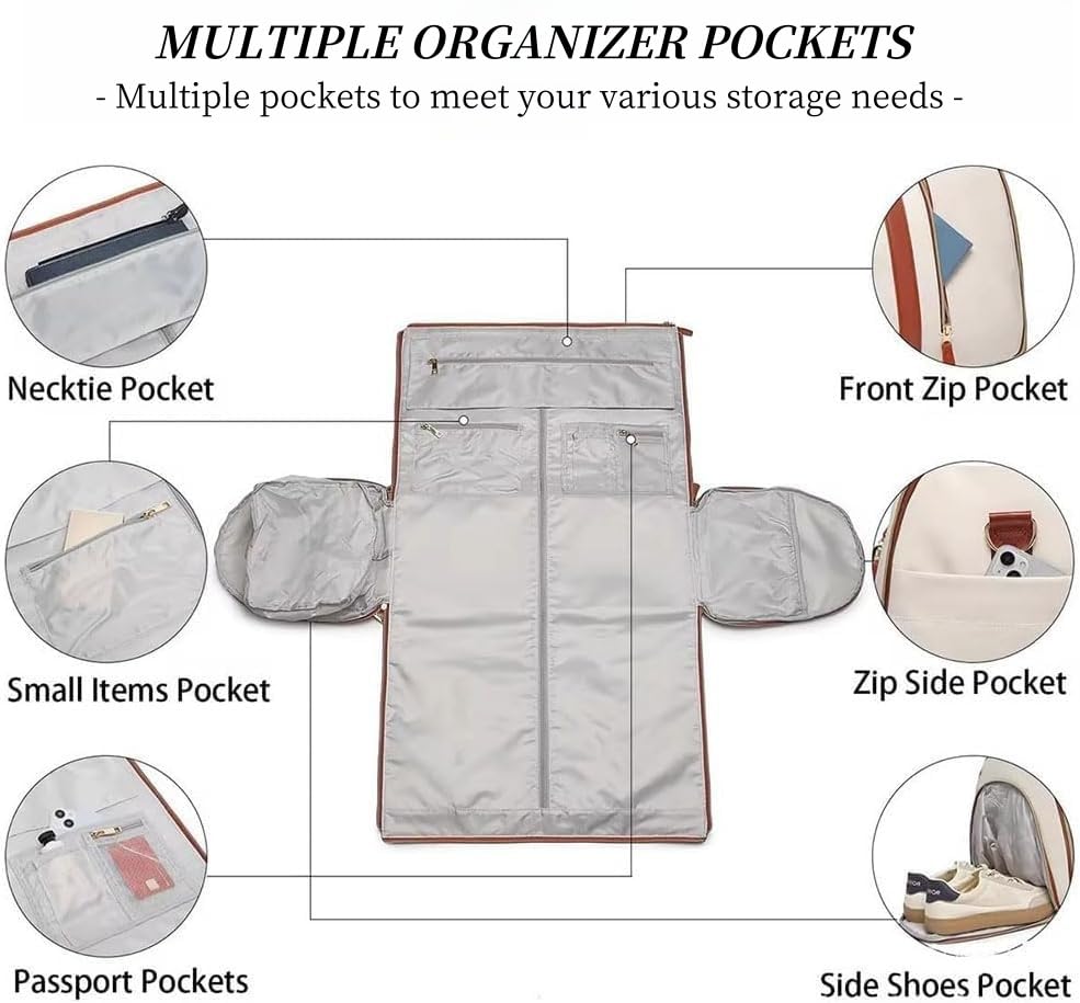 Rolling Garment Bag for Travel, Large Convertible Duffel Bag with Wheels – Foldable PU Leather Carry-On Luggage, Wrinkle-Free Hanging Compartment, Travle Jenni Bags for Women Men (Beige)3