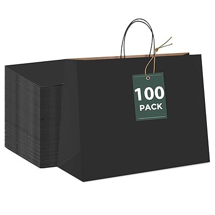 Halulu 100pcs 16x6x12 Inches Kraft Paper Bags Shopping Bag Gift Bags (Black)