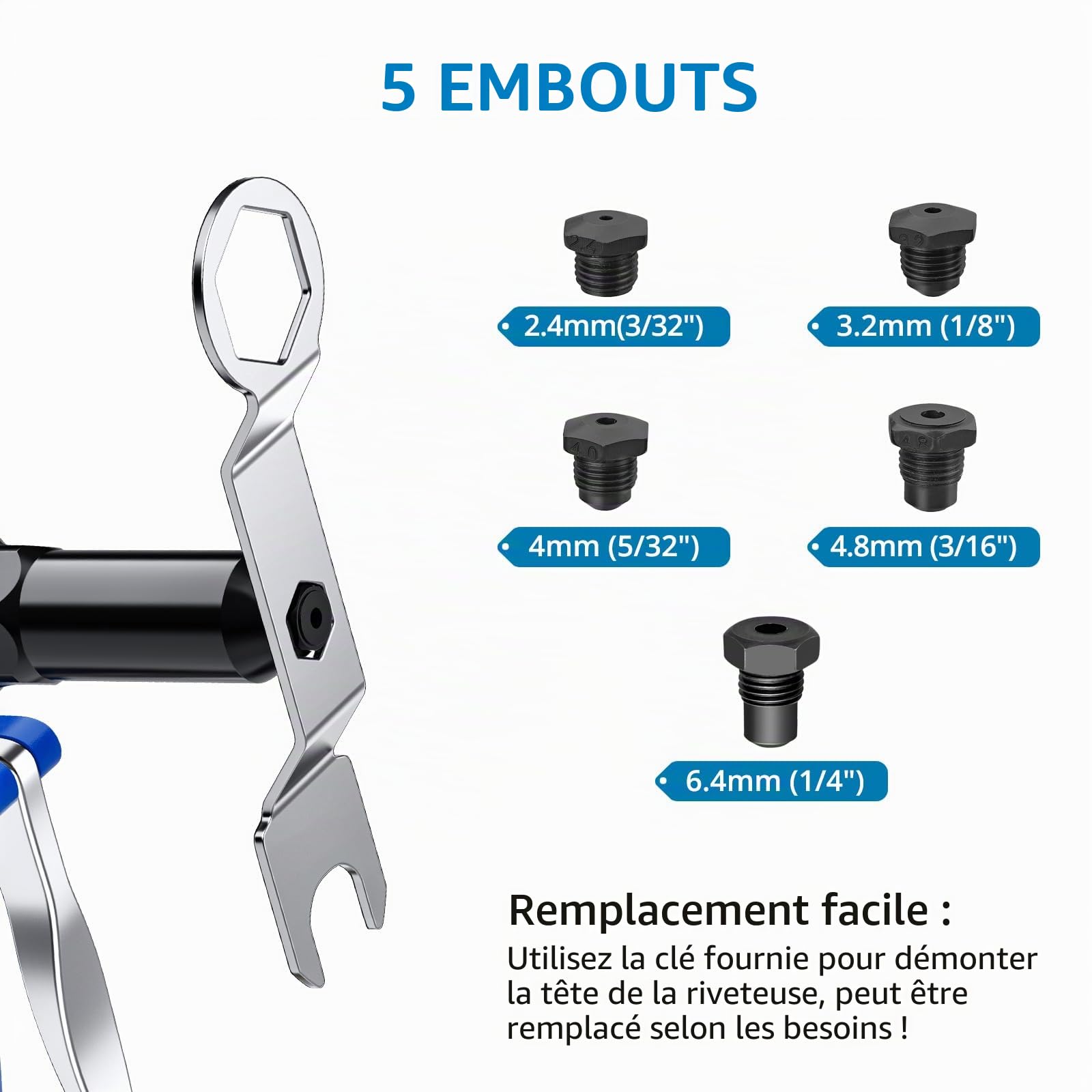 AUTOUTLET Pistolet à riveter pneumatique, 3/32", 1/8", 5/32", 3/16", 1/4", pression de traction 1780KGF, idéal pour la maison, la décoration, l'industrie