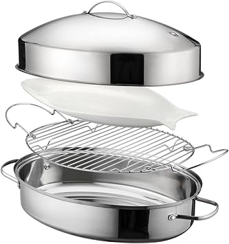 Oval Roasting Pan with Rack and Lid - Stainless Steel Multi-Use Oval Dutch Oven Fish Dish Turkey Chicken Roasting Pan Great for Tender Roast, Deep Dishes, and More Extra large