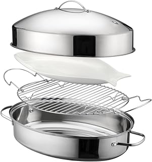 Oval Roasting Pan with Rack and Lid - Stainless Steel Multi-Use Oval Dutch Oven Fish Dish Turkey Chicken Roasting Pan Great for Tender Roast, Deep Dishes, and More (Extra large)