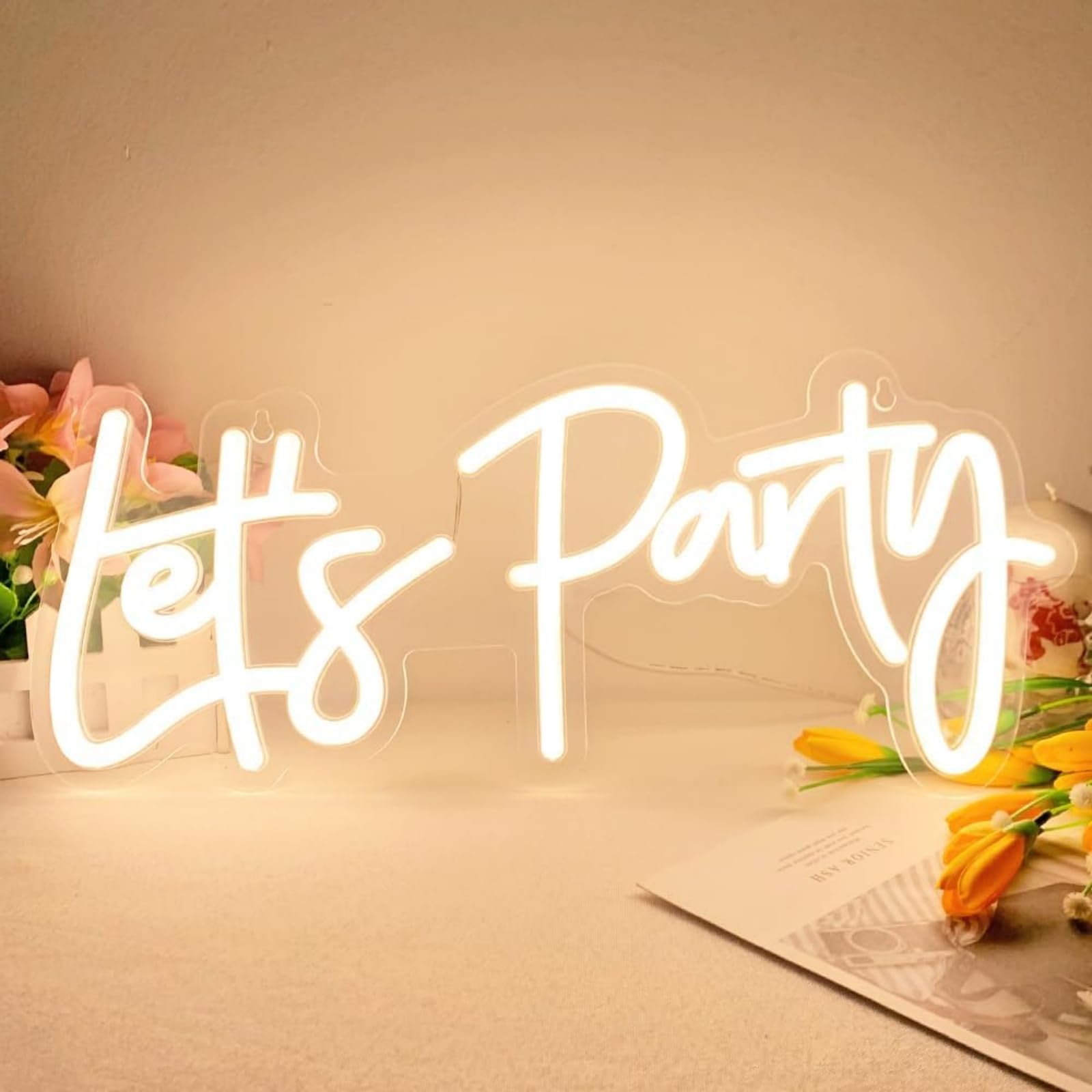Let's Party LED Neon Sign Warm White Letters Light Up Sign Dimmable for Bedroom Living Room Wall Decor Birthday Valentine Party Decoration