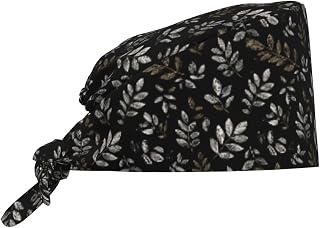 Scrub Cap for Women and Men Boho Black Leaf Pattern Adjustable Breathable Sweatband Hat for Work Kitchen Spa Shower Daily Use