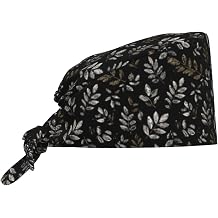 Scrub Cap for Women and Men Boho Black Leaf Pattern Adjustable Breathable Sweatband Hat for Work Kitchen Spa Shower Daily Use