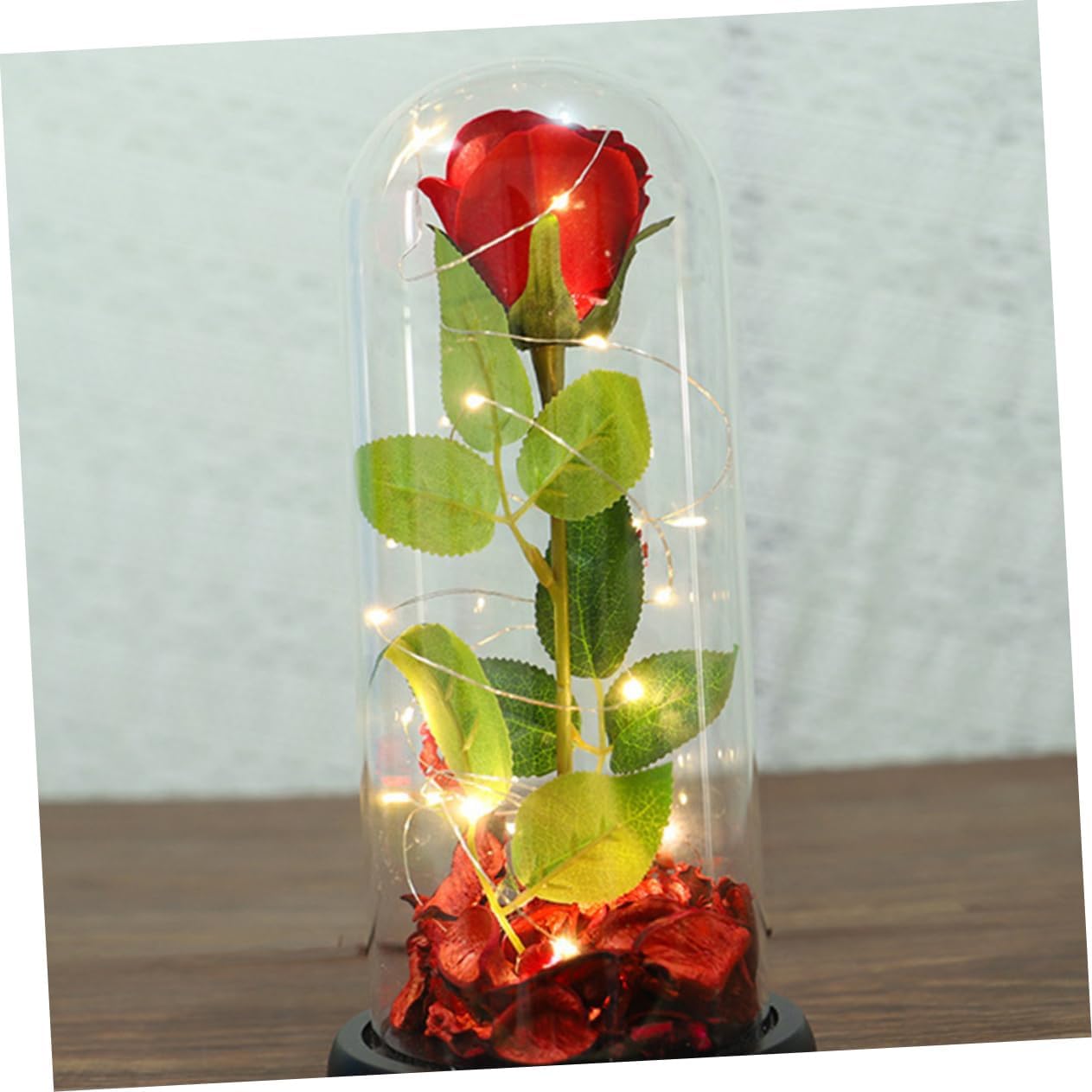 Amosfun Simulation Immortal Rose LED Light Glass Cover Elegant Desktop Ornament for Valentine's Day Present Home Decor for Women Ladies No Battery Included
