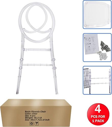 Miniatura 3 de FOH FOHFurniture - Juego de 4 sillas acrílicas mejoradas, sillas fantasma Chiavari de cristal, sillas apilables transparentes elegantes