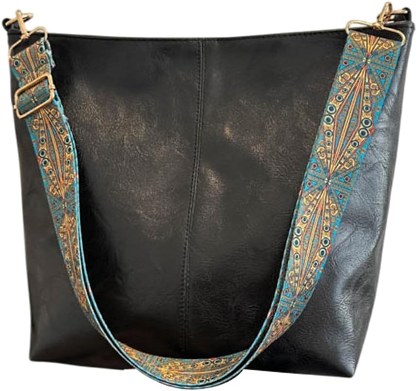 Vegan PU Leather Crossbody Hobo Bag with Zipper Black Stylish Shoulder Purses for Women Wide Guitar Strap Tote Bucket Bag for Working, Shopping, Traveling, Meeting, Daily Use