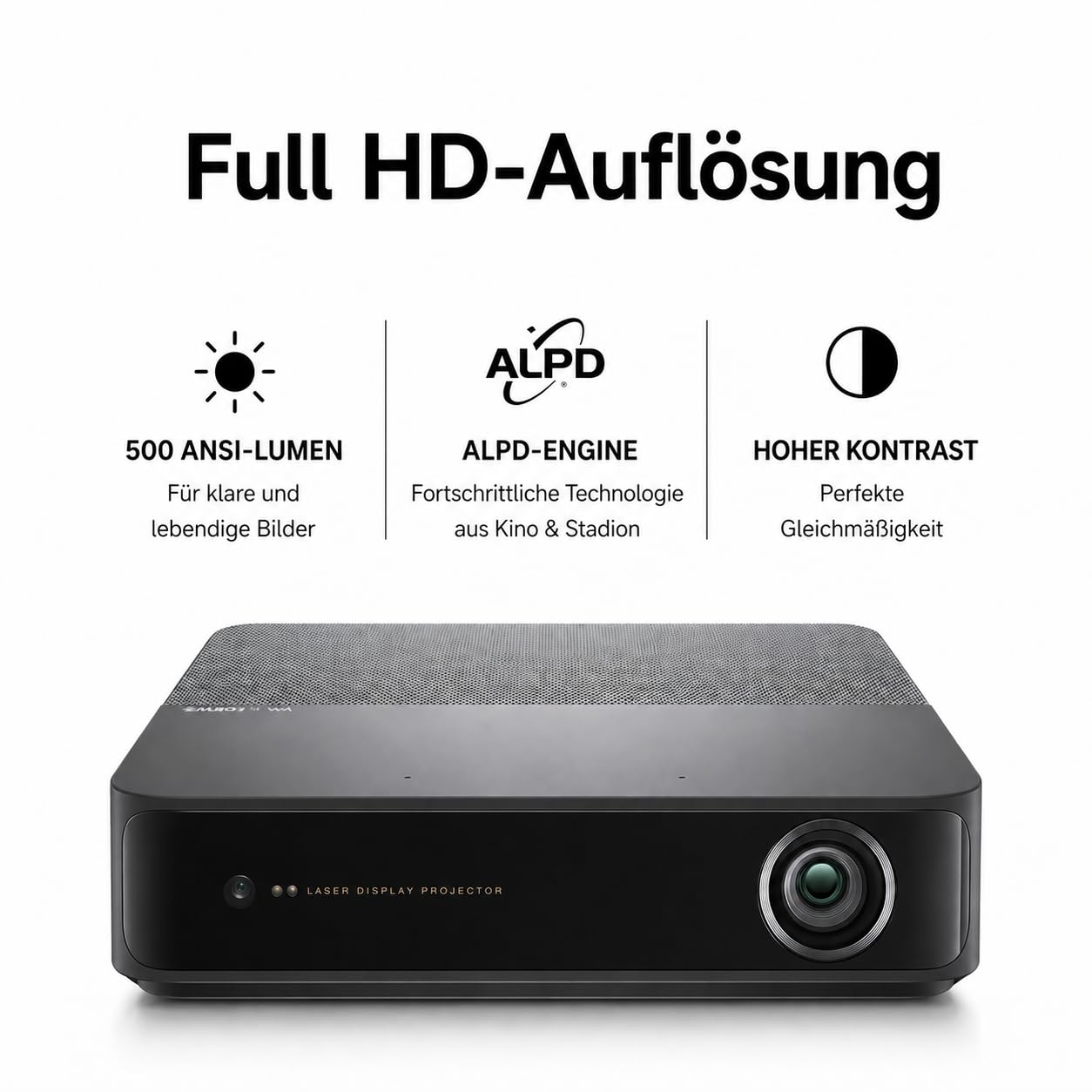 LOEWE We. Beam, Mini Beamer, Projektor, Full HD, ALPD Laser | Entwickelt in Deutschland, Mini Beamer, Full HD, ALPD Laser, 500 ANSI Lumen, Dolby Audio Lautsprecher, 40-120 Zoll, USB-C PD