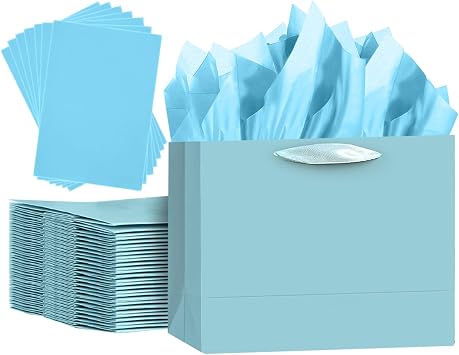 qiqee 5PCS Lake Blue Gift Bags with Ribbon Handles 9.6"x7.9"x4.3" Medium Size Gift Bags Tissue Paper included, Medium Wide