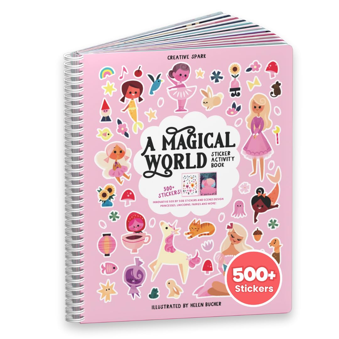 A Magical World (2 in 1) Activity Book - Innovative Side by Side Sticker & Coloring Book - Spiral Binding Keeps the Stickerbook Flat on the Table or in Their Lap - Over 500 Stickers and 12 Scenes