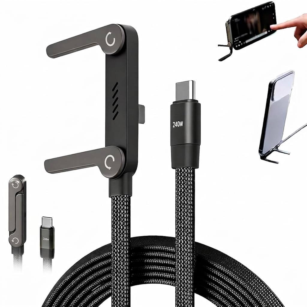 240W USB C to USB C Fast Charging Cable with Invisible Holder, 2-in-1 Foldable Phone Stand Gaming Cable, 90 Degree Type C Data Cord for iPhone 15/16 Pro Max, Samsung, MacBook, iPad, Laptop, Android-picture-43