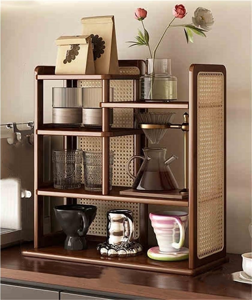 Generisch Tassenhalter, mehrstöckiges Kaffeetassenregal aus Rattan & Teetassenhalter aus Bambus – rustikaler Aufbewahrungsschrank für Wohnzimmer, Küche & Wohnaccessoires – Organizer im Vintage-Stil