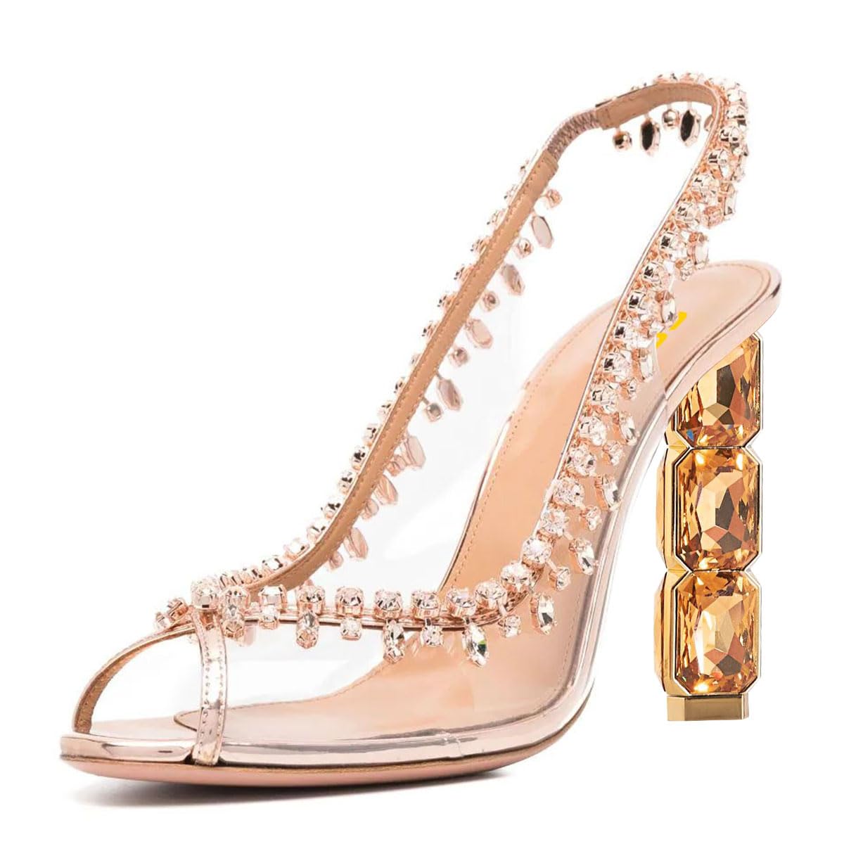 FSJ Women Clear Rhinestone Peep Toe Slingback Pumps Chunky Block High Heel Sparkling Crystal Slip On Party Dance Sexy Dress Shoes Size 4-16 US