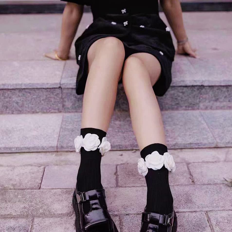 Women’s Delicate Floral Embroidery Cotton Mid-Calf Socks with 3D Flower at Ankle, two pairs4