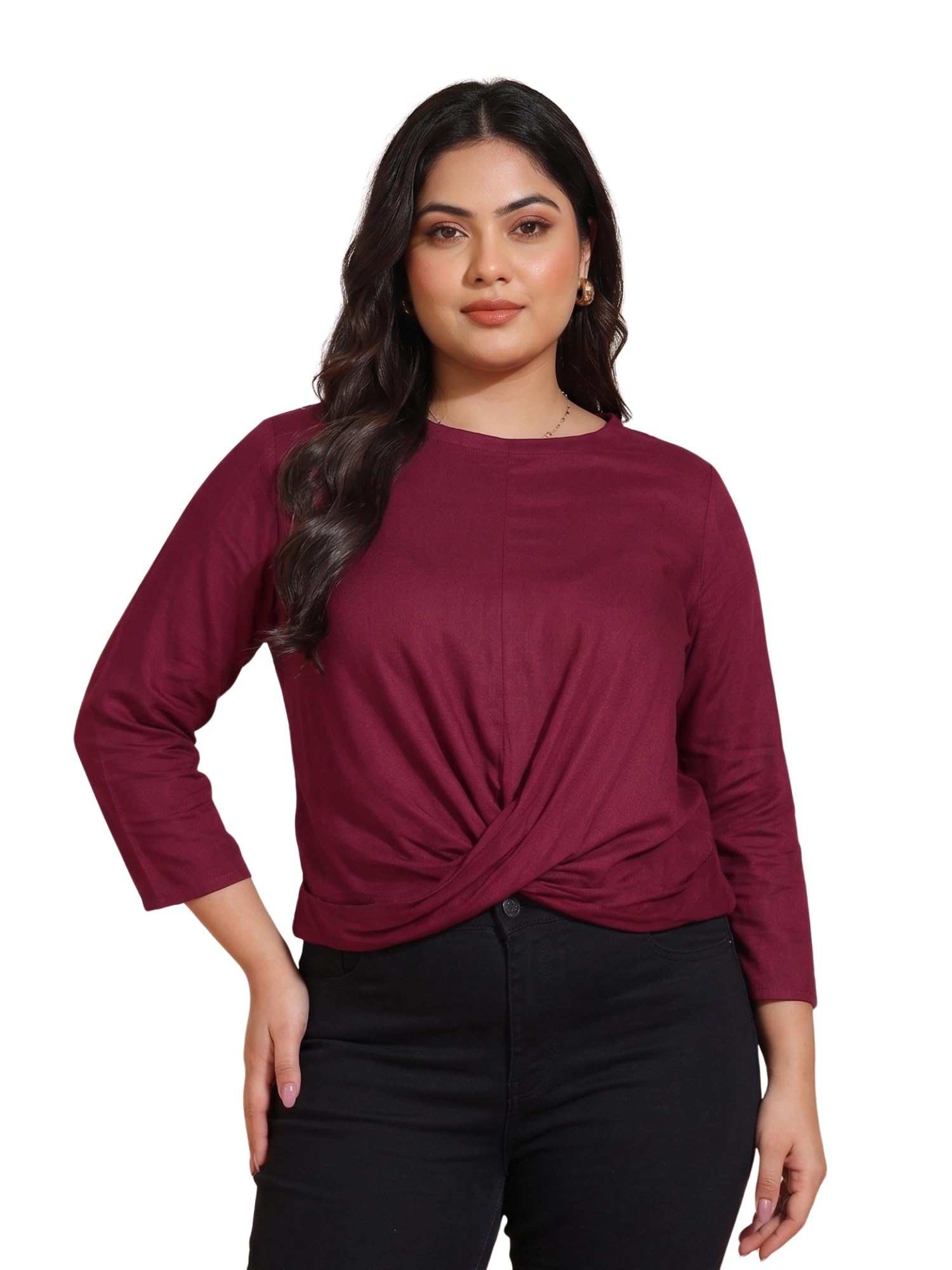 yash gallery Women's Regular Fit Rayon Solid Waist Lengtth Draped Style Round Neck 3/4Th Sleeve Top-picture-28