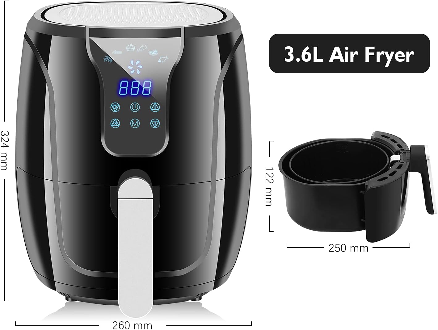 Friggitrice ad Aria Senza olio con 6 diversi programmi di cottura, Friggitrice ad Aria calda Multifunzione per 2-4 persone XL 1300W con LED digital Senza BPA,PFOA e Ricettario