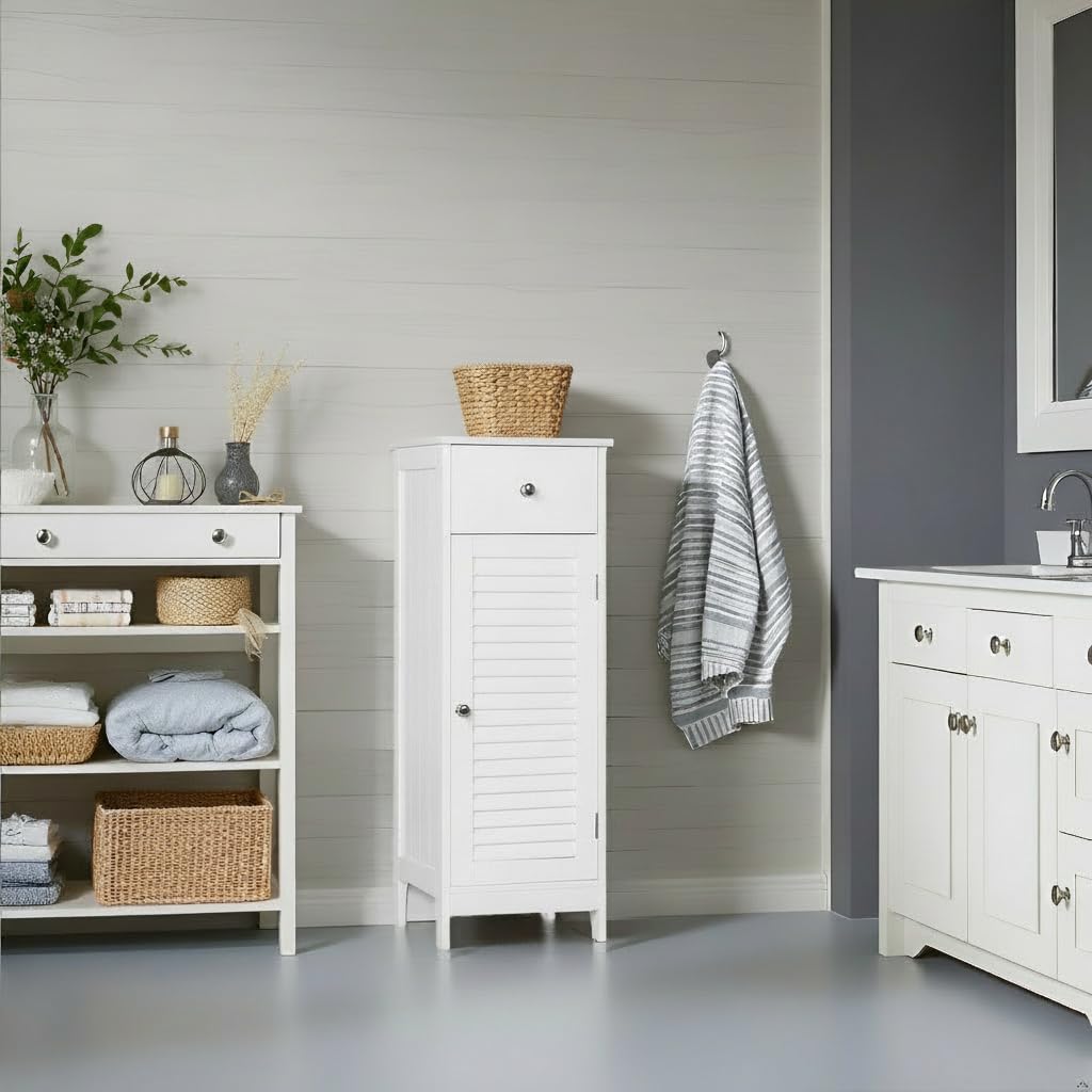 Yaheetech Badezimmerschrank Badschrank Schmal Badkommode Standschrank mit Schublade und Tür, 32 x 30 x 87 cm, Weiß