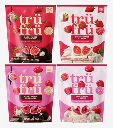 Chocolate Covered Fruit Freeze Dried Tru Fru’s Real Fruit, Snacks, Gluten Free - Strawberries, Raspberries in Dark Chocolate & Strawberries, Raspberries in Creme - 3.4 oz (Pack of 4)